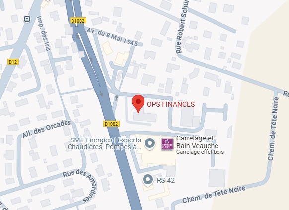 Carte détaillée de l'emplacement OPS FINANCES, Av. du 8 Mai 1945 / Rue Robert Schur, avec Imp. des Iris, All. des Orcades, Rue des Amandines.