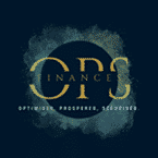 Logo OPS Finances doré, texte OPTIMISER, PROSPERER, SECURISER. Fond bleu fumé.