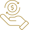 Symbole main avec pièce dollar et flèches cycle. Évocation de retour financier, investissement rentable, remboursement, cashback.