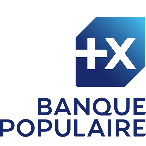 Logo Banque Populaire : hexagone bleu dégradé avec symbole plus et croix blancs au-dessus du texte bleu marine.